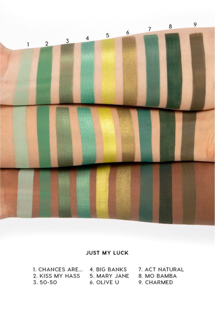 Colourpop announced a new palette and is dropping it on the same day! This is the "Just My Luck" pressed shadow palette, featuring ALL green shades!! Here are the swatches :)